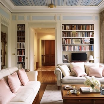 Home library decor, sitting room and interior design, white living room with sofa, bookcase and bookshelves in English country house and elegant cottage style, post-processed, generative ai