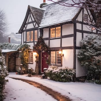 Beautiful country cottage decorated for Christmas on a snowy winter day, holiday and celebration, post-processed, generative ai