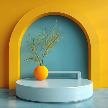 A rectangular table with an azure vase of orange flowers displayed in front of a yellow wall. Interior design with vibrant tints and shades