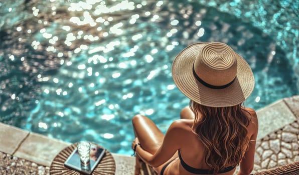 Beautiful model in a straw hat relaxing by a luxury pool at a tropical resort, enjoying her summer vacation in the sun.