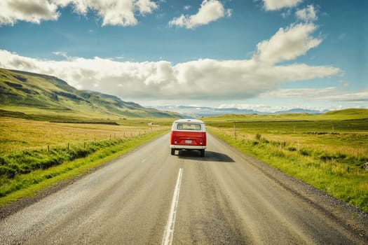 A red van drives down an empty road in Iceland, with green fields and mountains in the background, embodying adventure and retro charm under a blue sky with white clouds.