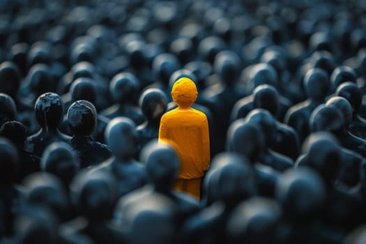 A yellow man stands out in a black crowd ..