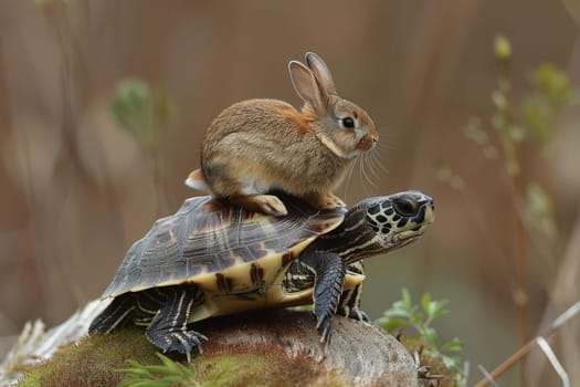 A turtle and a rabbit are on top of each other by AI generated image.