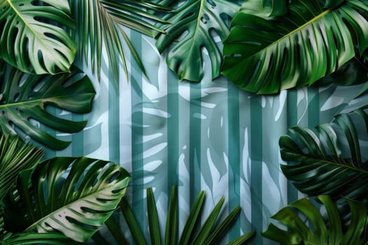 Tropical palm tree leaves create a fresh, green summer backdrop background. summer vocation concepts.