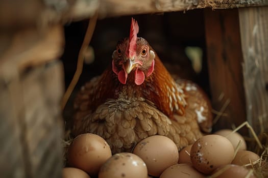 A hen lays eggs in a chicken coop with a blurry backdrop and big space for text or product advertisement background, Generative AI..