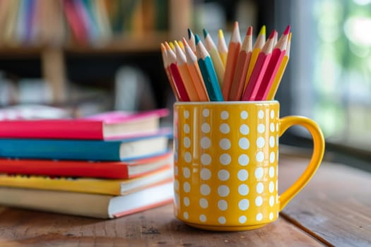 A cup of colored pencils, on the table with colorful polka dots..