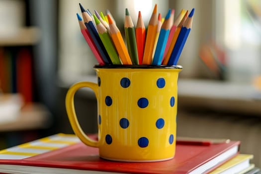 A cup of colored pencils, on the table with colorful polka dots..