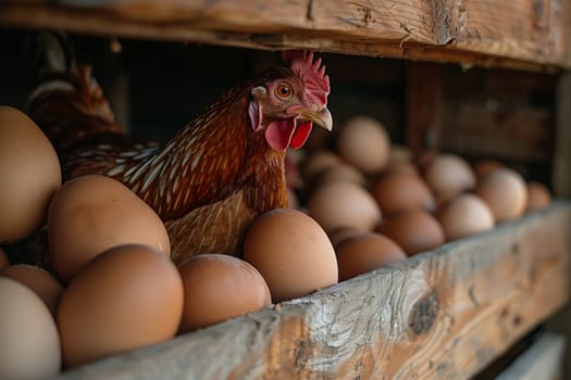 A hen lays eggs in a chicken coop with a blurry backdrop and big space for text or product advertisement background, Generative AI..