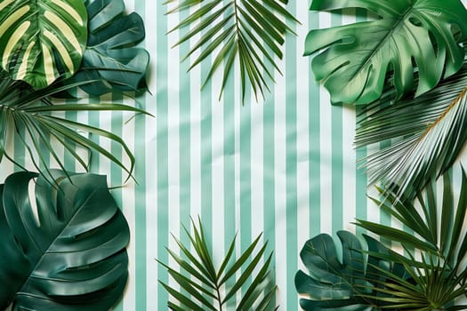 Tropical palm tree leaves create a fresh, green summer backdrop background. summer vocation concepts.