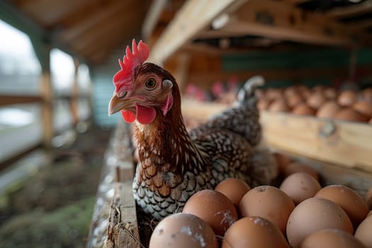 A hen lays eggs in a chicken coop with a blurry backdrop and big space for text or product advertisement background, Generative AI..