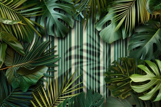 Tropical palm tree leaves create a fresh, green summer backdrop background. summer vocation concepts.