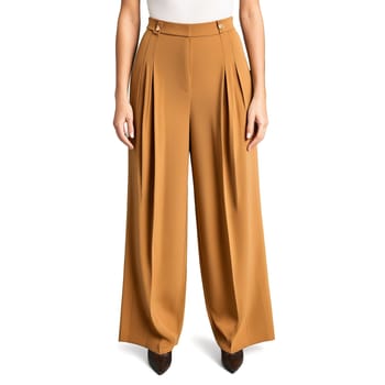 Stylish wide leg trousers in camel with a high waist and front pleats suspended gracefully. Product isolated on transparent background