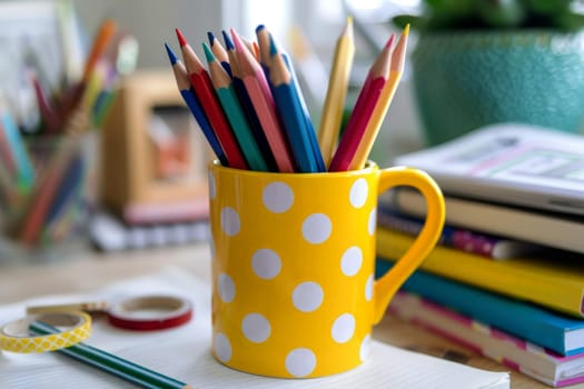 A cup of colored pencils, on the table with colorful polka dots..