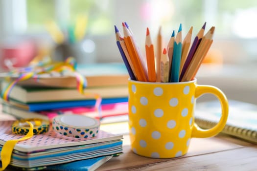 A cup of colored pencils, on the table with colorful polka dots..