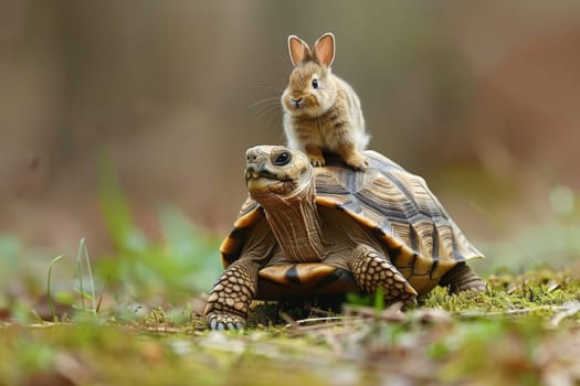 A turtle and a rabbit are on top of each other by AI generated image.