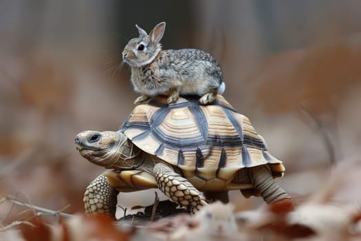 A turtle and a rabbit are on top of each other by AI generated image.