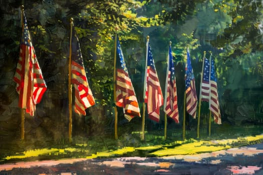 A row of USA flags standing in Remembrance on Memorial Day in the Unit amidst sunlight..