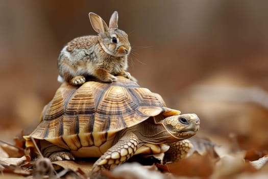 A turtle and a rabbit are on top of each other by AI generated image.