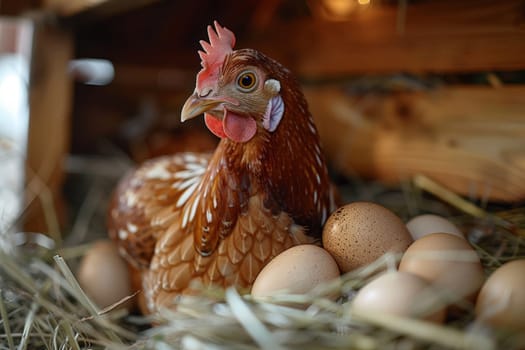 A hen lays eggs in a chicken coop with a blurry backdrop and big space for text or product advertisement background, Generative AI..