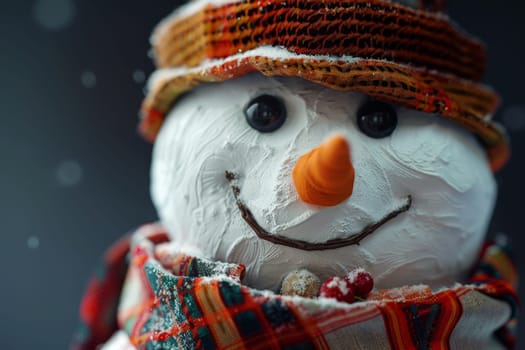 a cute snowman with a carrot nose, red hat, and scarf. Artificial Intelligence.