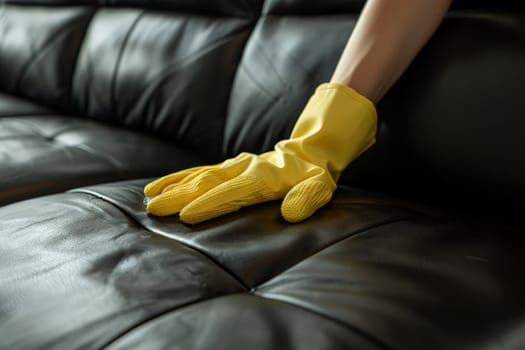 woman hand in yellow glove cleaning black leather sofa..