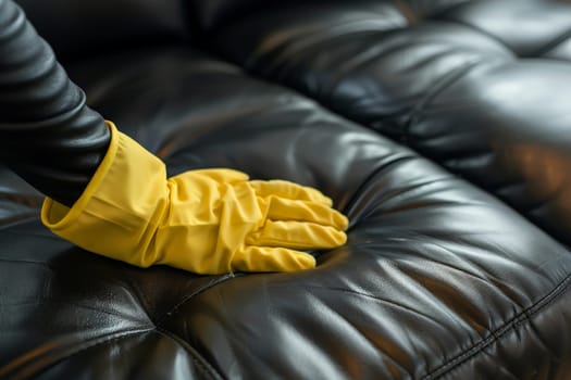 woman hand in yellow glove cleaning black leather sofa..