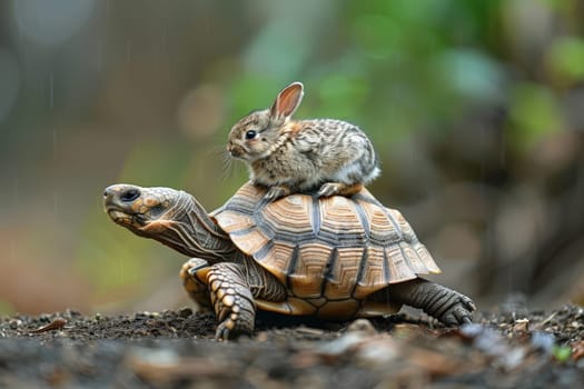 A turtle and a rabbit are on top of each other by AI generated image.