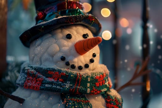 a cute snowman with a carrot nose, red hat, and scarf. Artificial Intelligence.