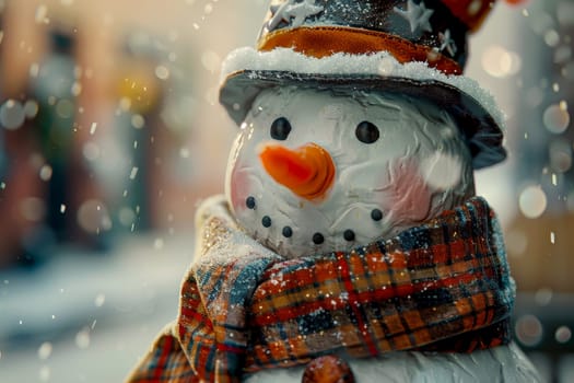 a cute snowman with a carrot nose, red hat, and scarf. Artificial Intelligence.