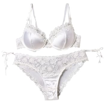 Lacy Lingerie Set Delicate white lace bra and panties with intricate floral patterns and scalloped. Woman lingerie isolated on transparent background