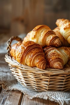 Close up of fresh butter croissants in a basket on a wooden table.Delicious morning breakfast.