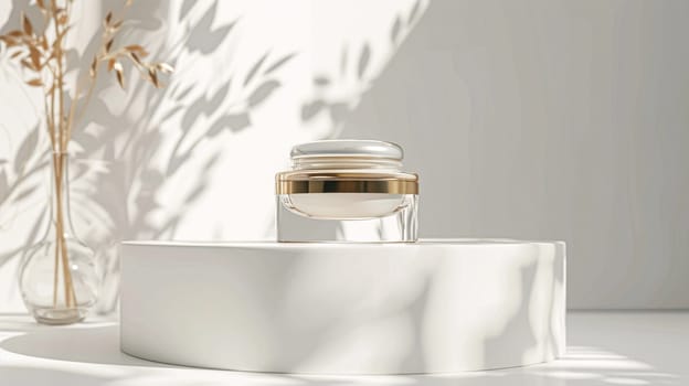 Face cream in a glass jar on a white and gold background. Skin care concept. Backdrop for beauty cosmetic products