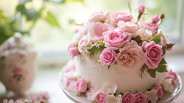 Birthday cake with candles and flowers on the table. Selective focus.