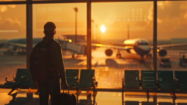 Traveller man waiting to board a flight in airport at sunset.