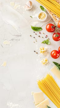 Pasta recipe preparation flatlay background with ingredients, spaghetti, olive oil, garlic, tomatoes and spices in the kitchen, homemade food recipe idea