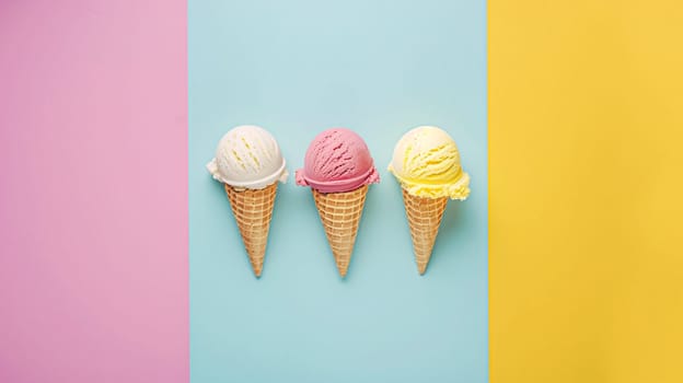 Scoops of ice cream in a waffle cones on a colorful background