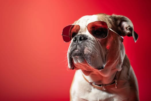 Funny studio Headshot of a bull dog with sunglasses isolated on red background.