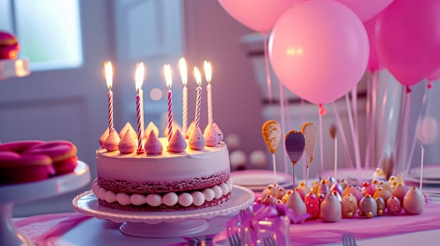 Birthday cake with candles and flowers on the table. Selective focus.