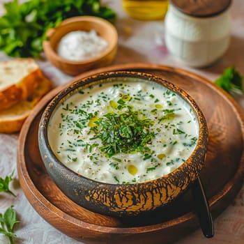 Azerbaijani national summer soup dovga made from fermented milk and various greens. Summer food, healthy nutrition.