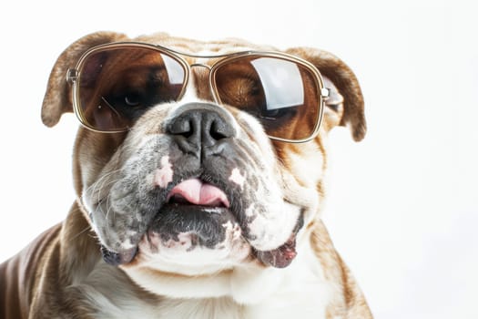 Funny headshot of a bull dog with sunglasses sticking out tongue isolated on white background.