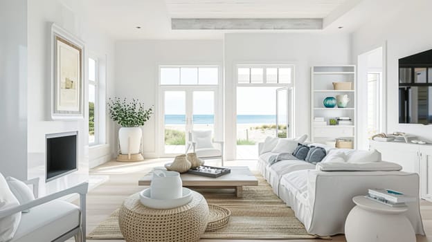 Interior of a living room with white walls, sofa and cushions. Sitting room in coastal cottage with sea view. Luxury lounge room