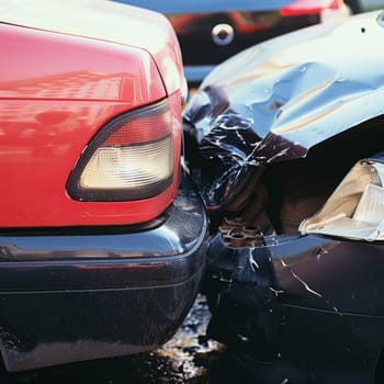 Close up of two broken cars after road accident.