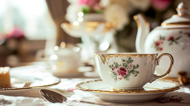 Elegant table setting for tea party with cakes and cupcakes in English manor. Selective focus. Vintage style