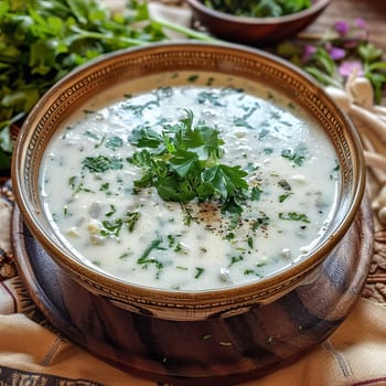 Azerbaijani national summer soup dovga made from fermented milk and various greens. Summer food, healthy nutrition.