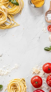 Pasta recipe preparation flatlay background with ingredients, spaghetti, olive oil, garlic, tomatoes and spices in the kitchen, homemade food recipe idea