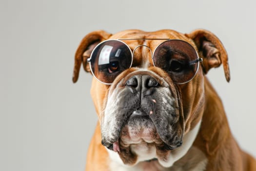 Funny studio shot of a serious bull dog with sunglasses isolated on grey background.