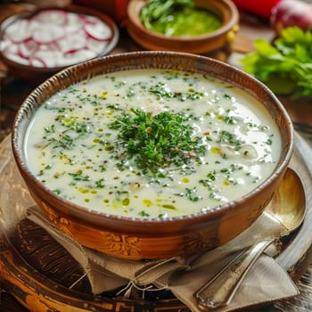 Azerbaijani national summer soup dovga made from fermented milk and various greens. Summer food, healthy nutrition.