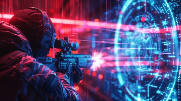 Abstract futuristic image of soldier as a virtual player in a shooting game In bright neon colors.