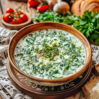 Azerbaijani national summer soup dovga made from fermented milk and various greens. Summer food, healthy nutrition.