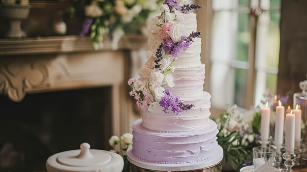 Wedding cake with lavender flowers. Festive table decoration.